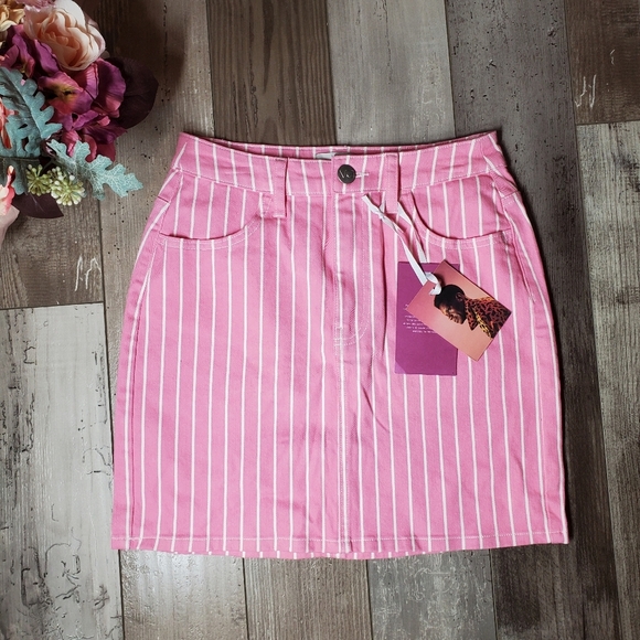 NWT Victor Glemaud Aurora Pink and White Striped Denim Mini Skirt Size 0 - Picture 3 of 16